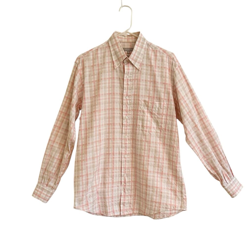 Alain Figeret Double Retors Button Down Check Shirt Pink White Sz 40 15 3/4 Med